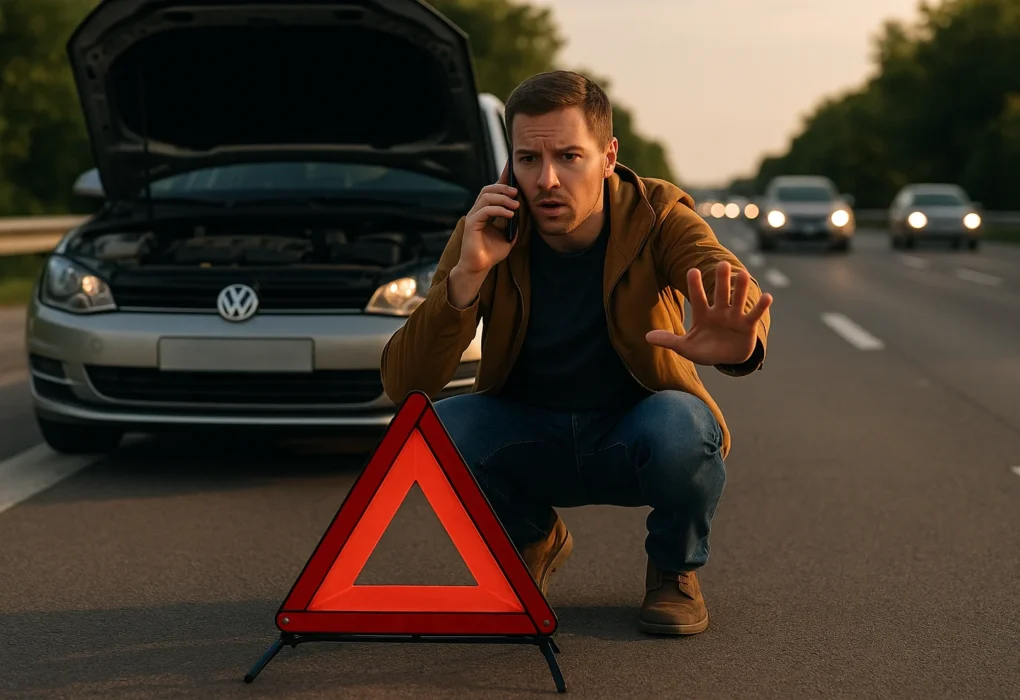 Man placing a warning triangle and calling for help beside a broken-down car on a highway