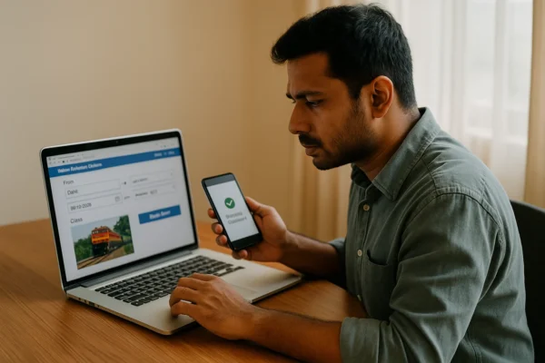 Traveler trying to secure Tatkal ticket on IRCTC website using laptop and mobile phone