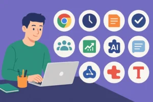 Illustration of a student working on a laptop surrounded by Chrome extension icons, representing productivity tools like Grammarly, Notion, and ChatGPT — ideal for a blog about the best Chrome extensions for students and freelancers.
