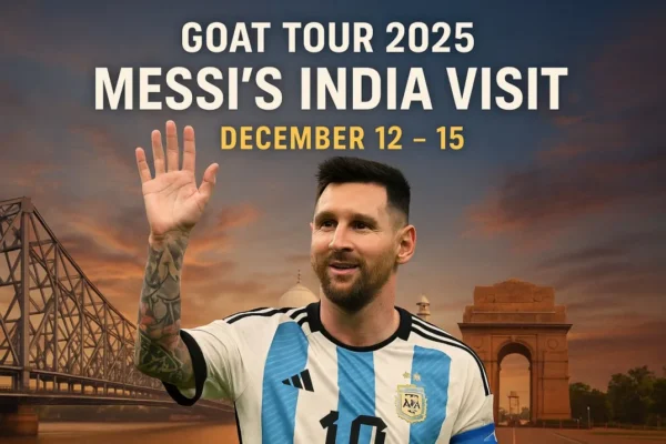 Alt text: Lionel Messi waves in front of Indian landmarks like the Howrah Bridge and India Gate, promoting his “GOAT Tour 2025: Messi’s India Visit” happening from December 12–15.