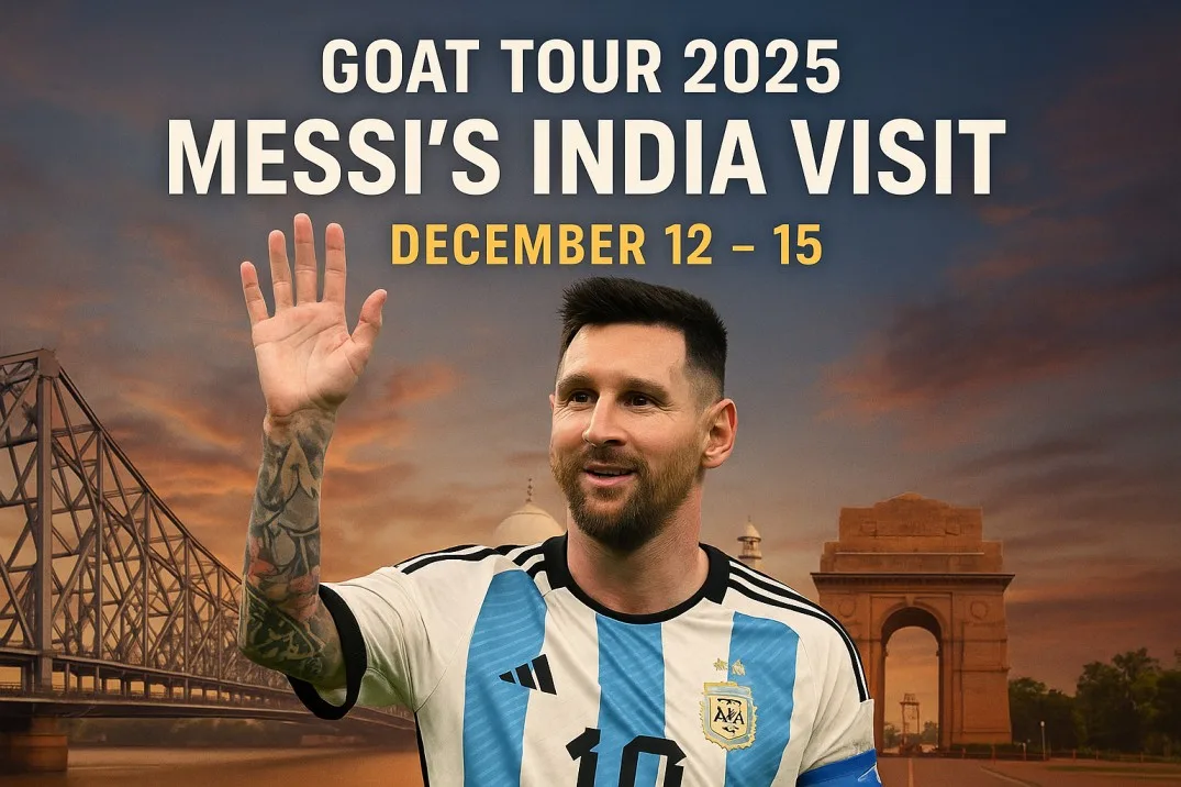 Alt text: Lionel Messi waves in front of Indian landmarks like the Howrah Bridge and India Gate, promoting his “GOAT Tour 2025: Messi’s India Visit” happening from December 12–15.