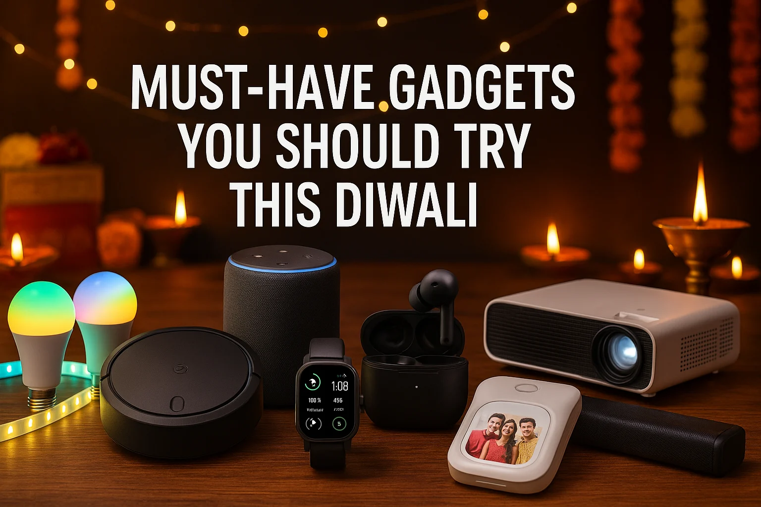 Festive Diwali setup featuring smart gadgets like Alexa, smartwatch, and LED lights on a decorated table.