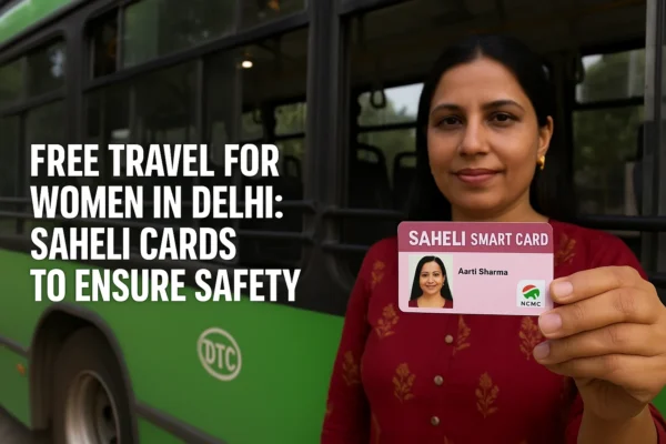 Woman holding Saheli Smart Card beside DTC bus promoting free travel scheme for women’s safety in Delhi.