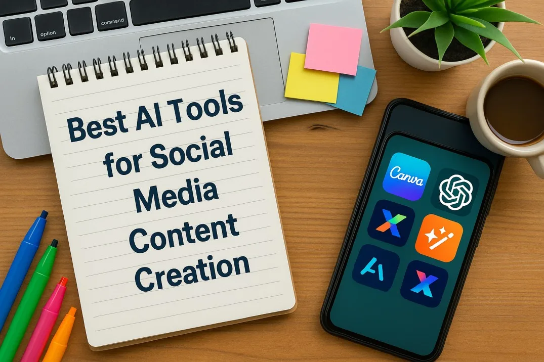 Realistic workspace showing AI tools used for social media content creation on laptop and smartphone.