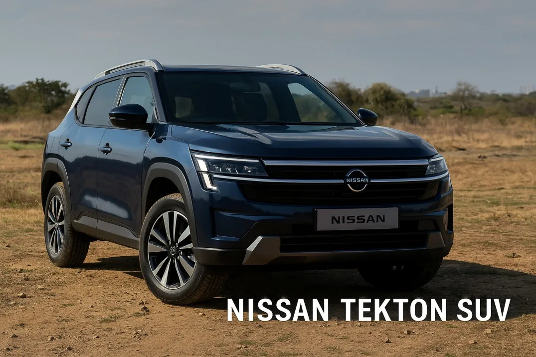 Nissan Tekton SUV parked outdoors on a sunny day, showcasing its bold front design and blue metallic finish.