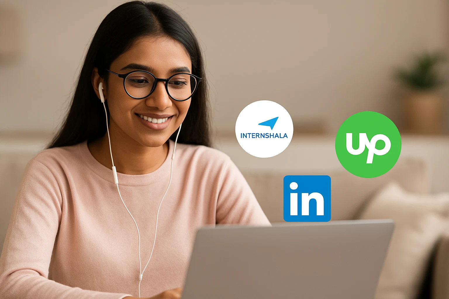 A young Indian woman wearing glasses and earphones works on her laptop at home, with logos of Internshala, LinkedIn, and Upwork floating around her, representing popular part-time job platforms in India