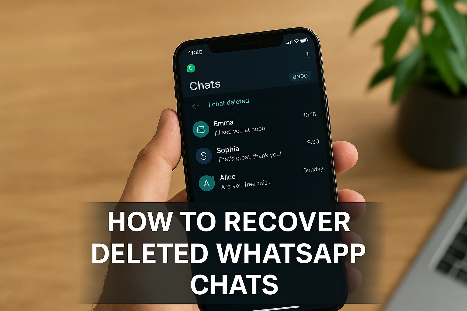 A person holding a smartphone showing the WhatsApp chat screen with deleted messages, illustrating how to recover deleted WhatsApp chats on Android and iPhone.