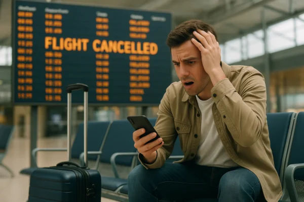 What to Do If Your Flight Gets Cancelled or Delayed!! Frustrated traveler at airport checking phone after flight cancellation, showing how to handle flight delays.