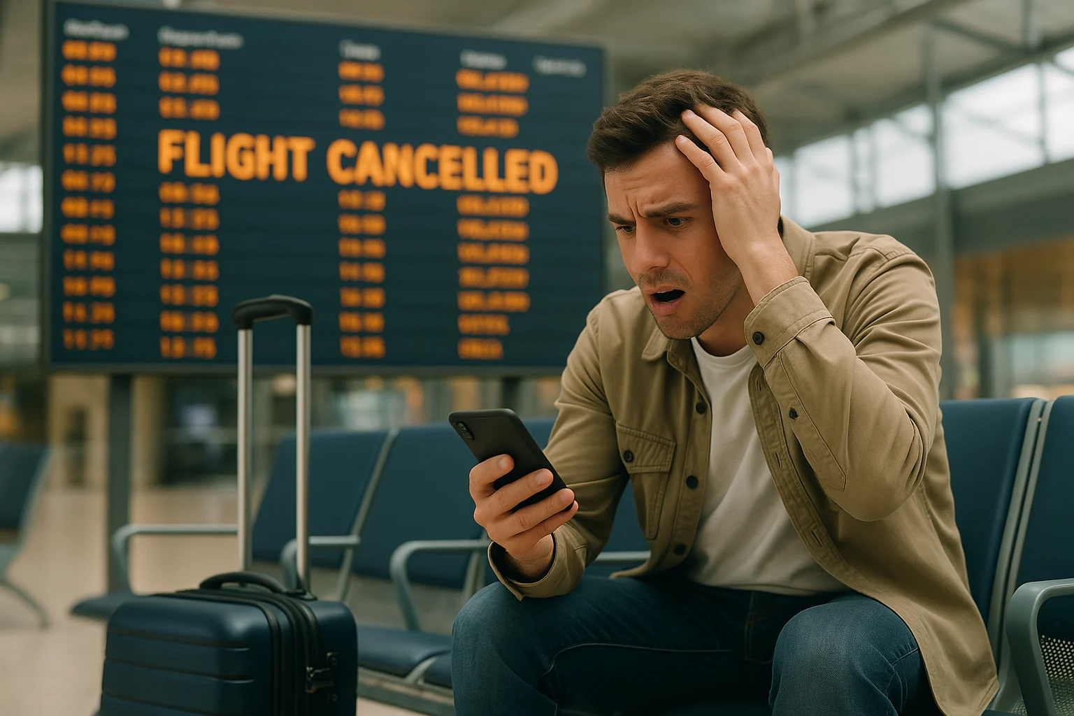 Frustrated traveler at airport checking phone after flight cancellation, showing how to handle flight delays.