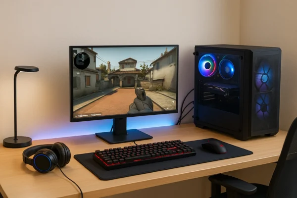 Budget gaming setup under ₹20,000 in India with RGB-lit PC, monitor, keyboard, and headphones on wooden desk