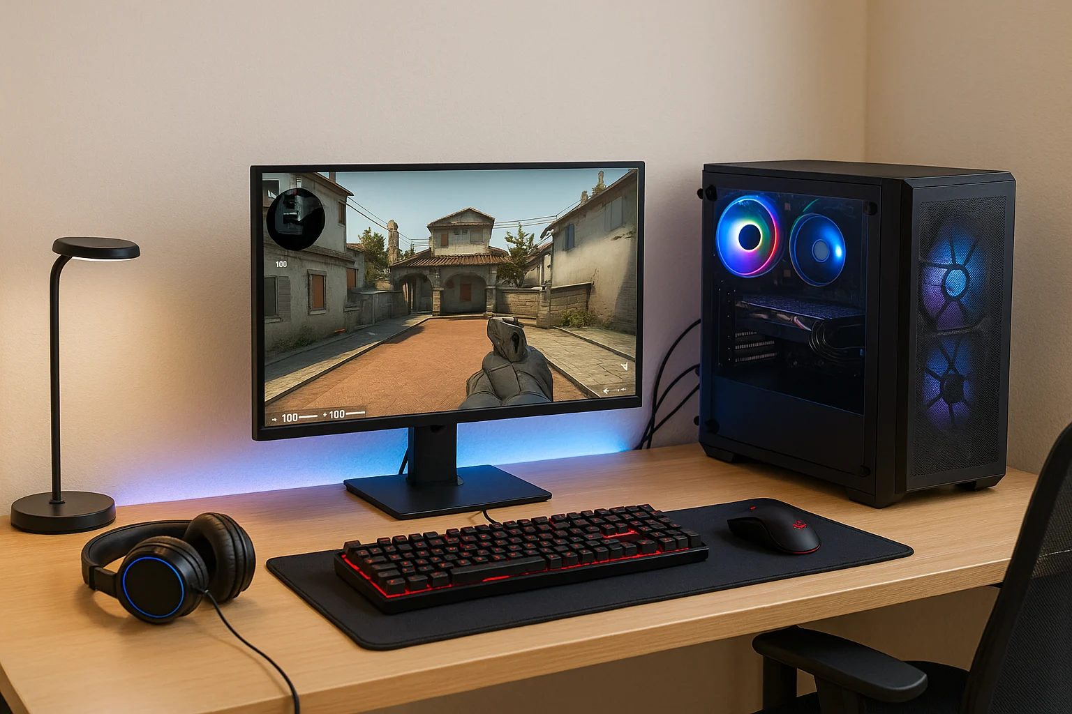 Budget gaming setup under ₹20,000 in India with RGB-lit PC, monitor, keyboard, and headphones on wooden desk
