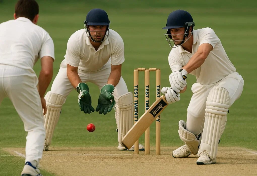 Cricketer defending the stumps in a realistic Test-style match, representing the new 80-over Test Twenty format introduced by ICC.