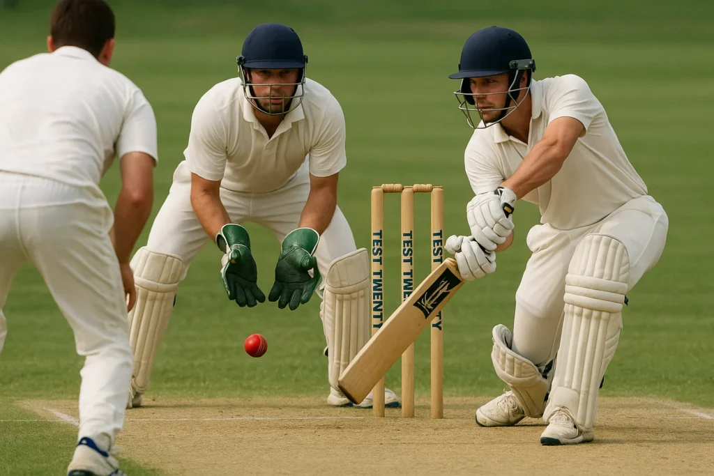 Cricketer defending the stumps in a realistic Test-style match, representing the new 80-over Test Twenty format introduced by ICC.