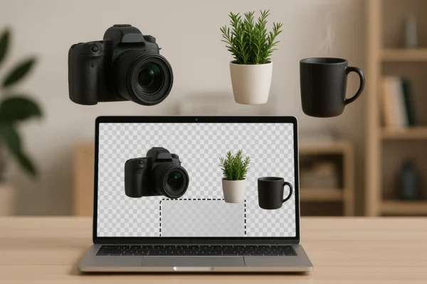 Camera and product objects being cut out using AI background remover tools on a laptop screen for creators.