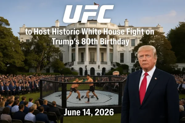 UFC to Host Historic White House Fight on Trump’s 80th Birthday Donald Trump stands in front of the White House as a UFC fight takes place in an octagon on the South Lawn, surrounded by a large crowd, with text reading “UFC to Host Historic White House Fight on Trump’s 80th Birthday