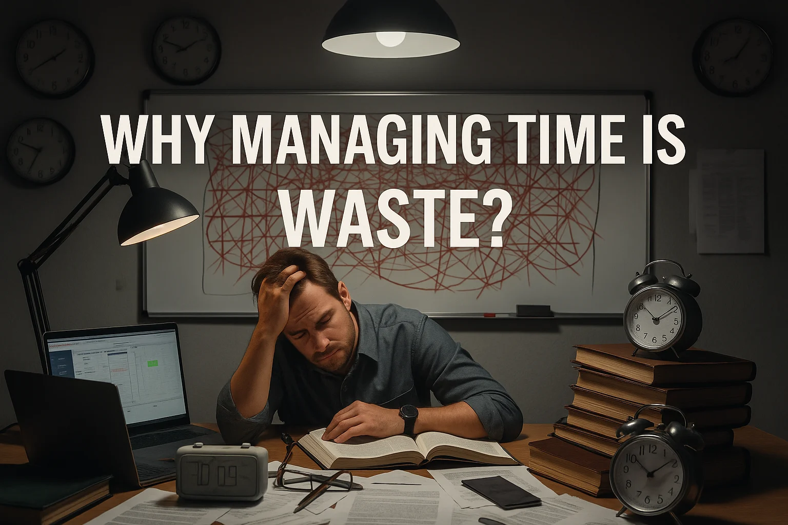 A stressed man at a cluttered desk with clocks and papers, highlighting the chaos of time management.