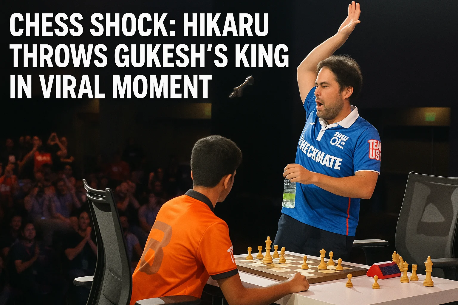Hikaru Nakamura dramatically gestures after defeating Gukesh during a live chess match, as the audience reacts in excitement and the headline 'Chess Shock: Hikaru Throws Gukesh’s King in Viral Moment' appears on screen.
