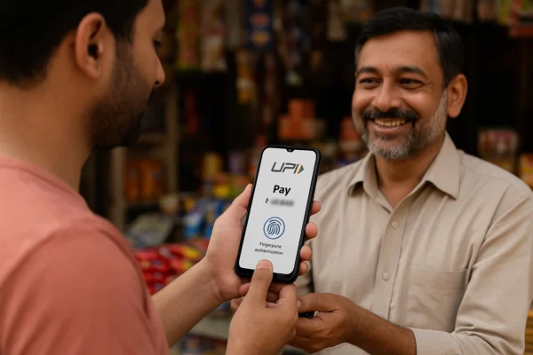 A customer uses fingerprint authentication to complete a UPI payment at a local shop, while the smiling shopkeeper receives the payment — showcasing India’s new PIN-free UPI upgrade.