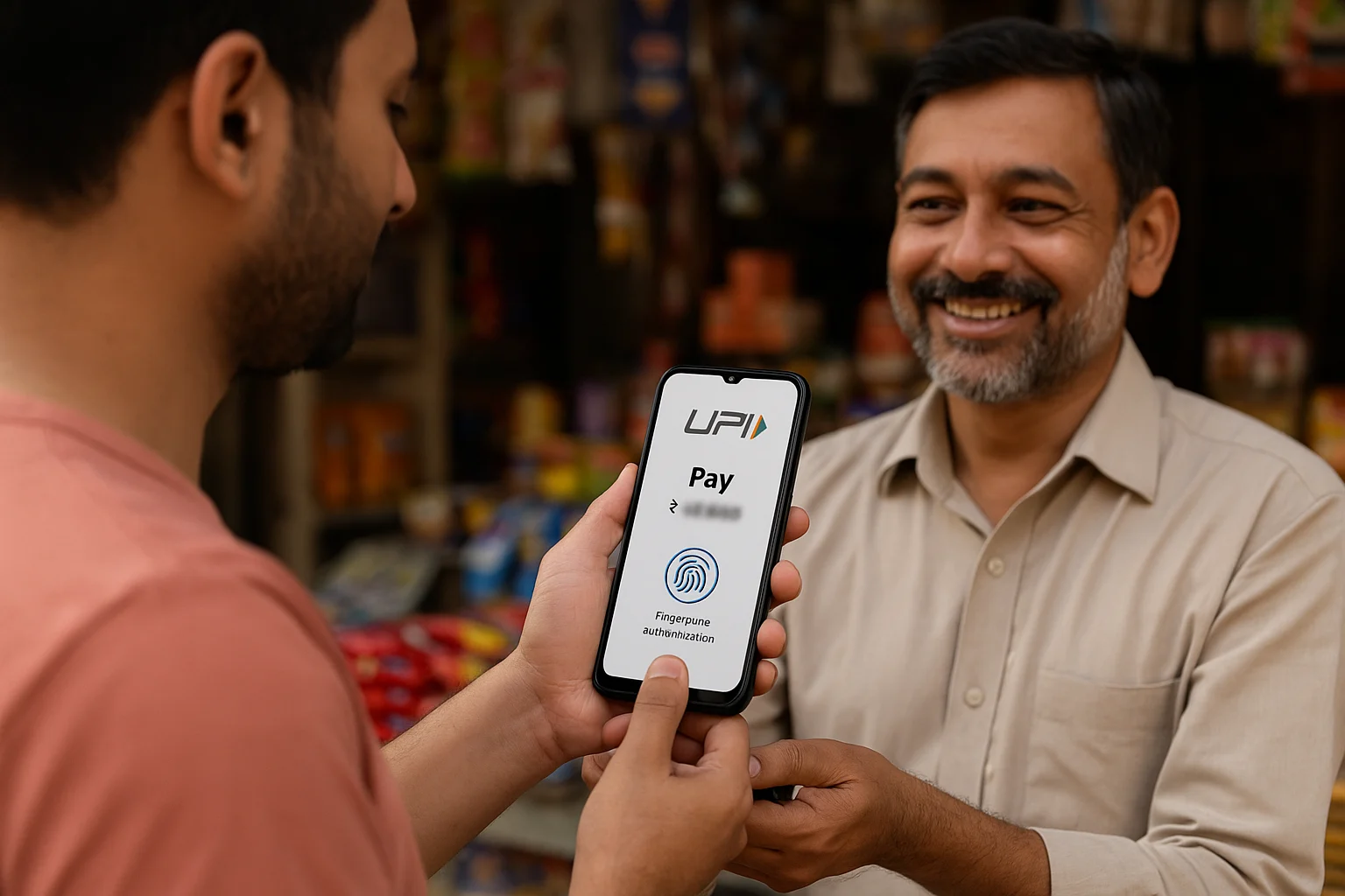 A customer uses fingerprint authentication to complete a UPI payment at a local shop, while the smiling shopkeeper receives the payment — showcasing India’s new PIN-free UPI upgrade.