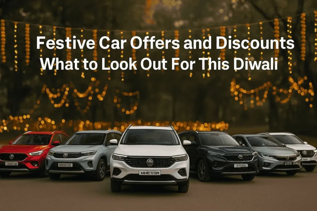 Lineup of popular car models like MG Astor, MG Hector, Honda City, Tata Harrier, and Hyundai Creta displayed with Diwali lights and decorations, promoting festive car offers and discounts in 2025.