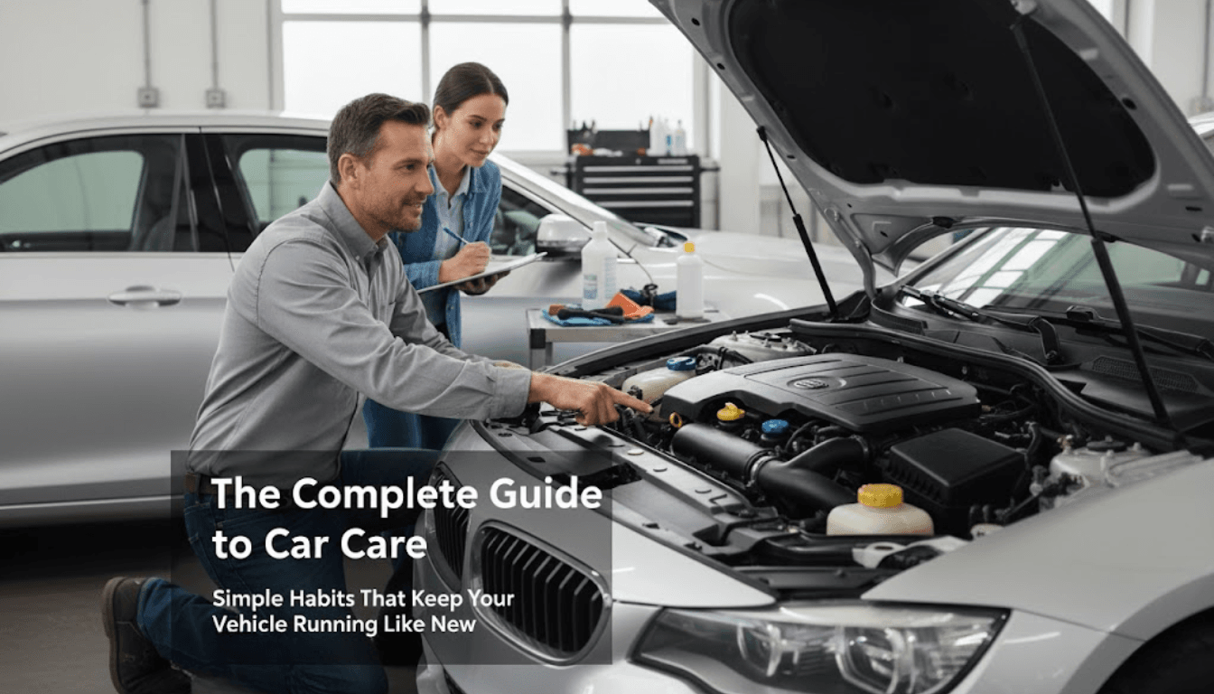 A mechanic in blue uniform and gloves carefully checks the oil level of a black car with its hood open inside a clean, well-lit workshop — representing routine car maintenance and care.