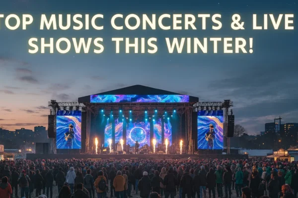 Top Music Concerts & Live Shows in India This Winter!! A large crowd enjoys a live outdoor concert on a winter evening, with a brightly lit stage, colorful LED screens, and the text “Top Music Concerts & Live Shows This Winter!” displayed above under a clear, starry sky.