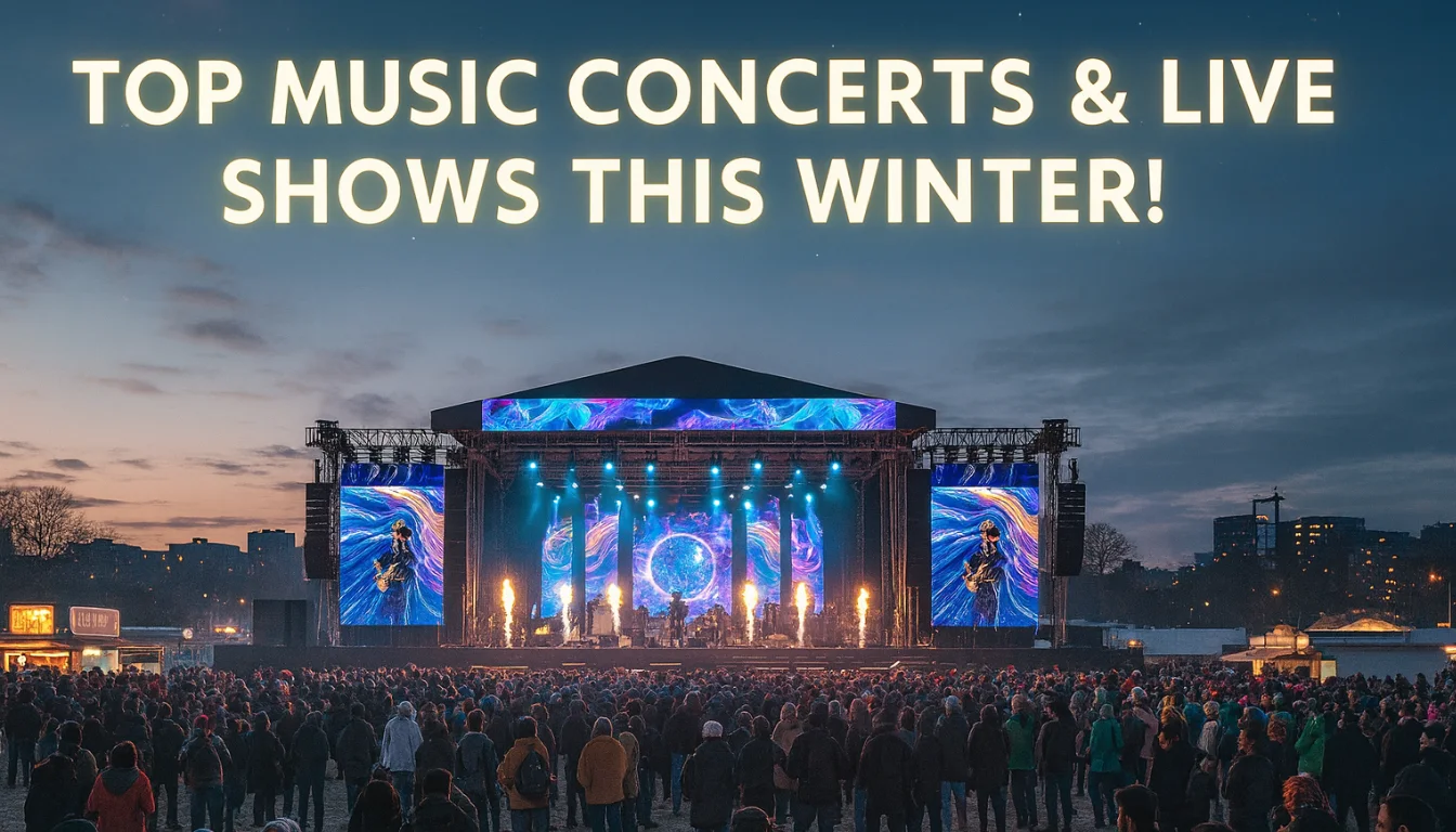 A large crowd enjoys a live outdoor concert on a winter evening, with a brightly lit stage, colorful LED screens, and the text “Top Music Concerts & Live Shows This Winter!” displayed above under a clear, starry sky.